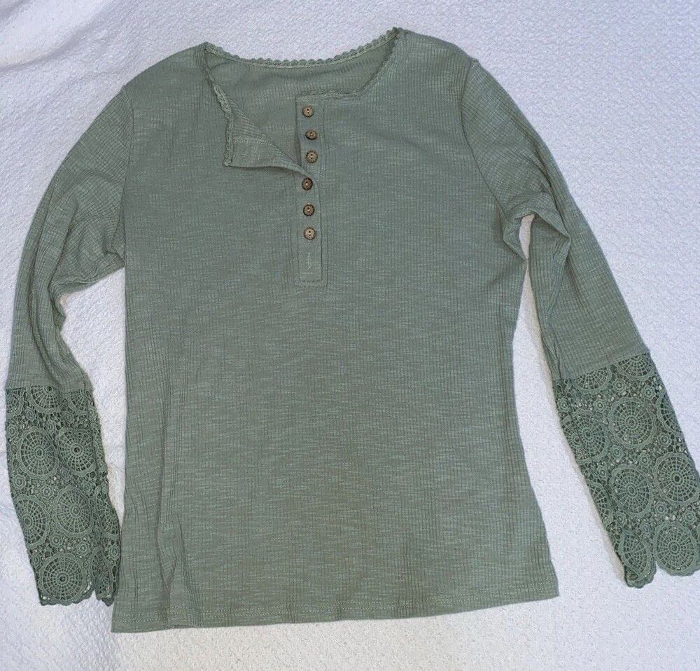 Sage Green Cottagecore Lace Henley XL Ribbed Long Sleeve Crochet Boho Blouse